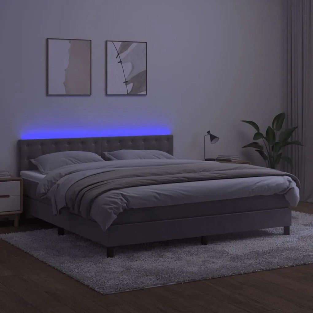 Cama box spring c/ colchão/LED 180x200 cm veludo cinzento-claro