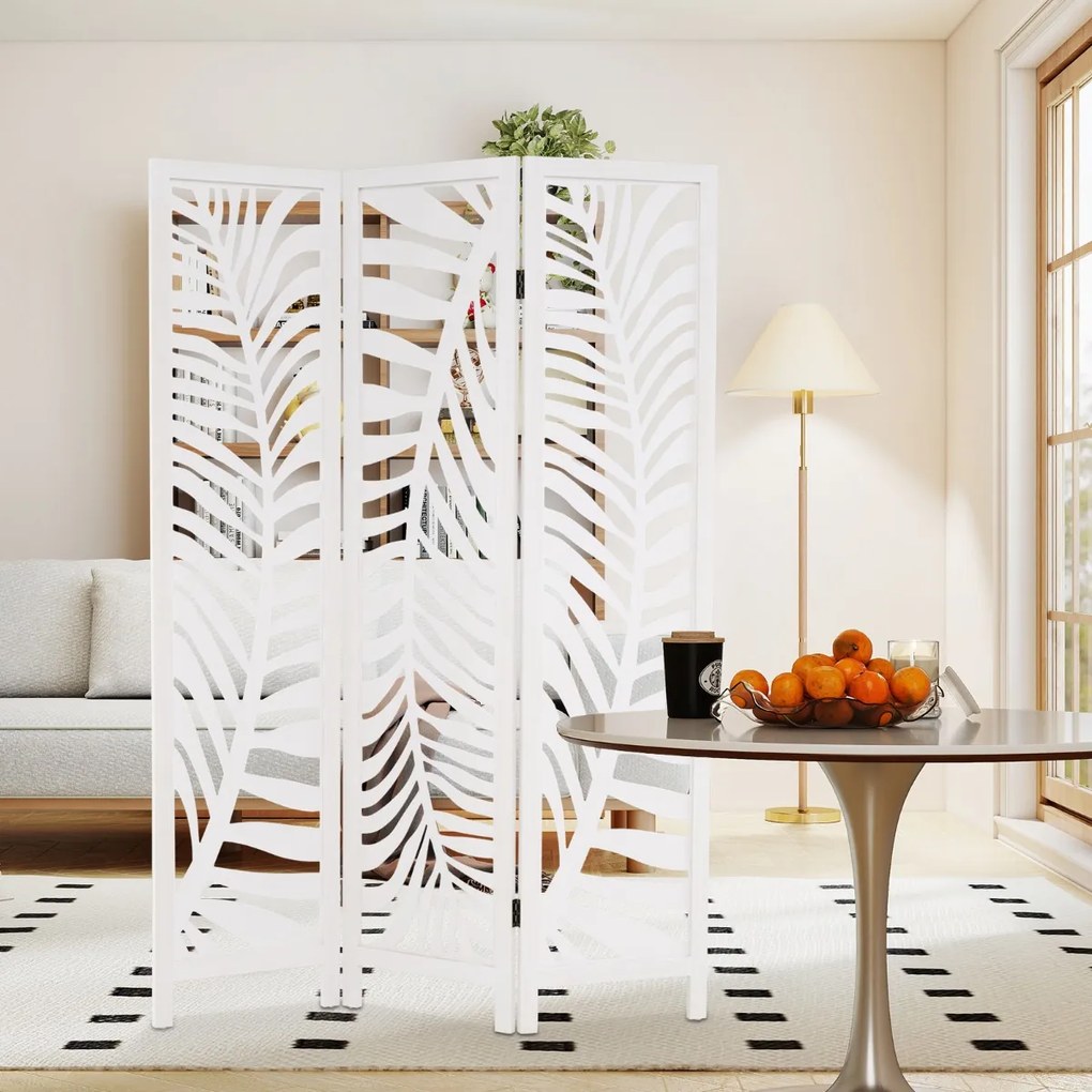 Biombo dobrável de 3 painéis 121 x 170 cm para quarto em madeira de paulownia, tela de privacidade com padrões requintados branco