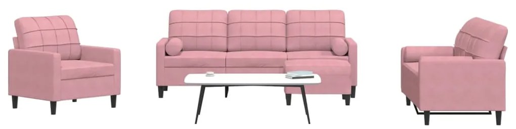 vidaXL 4 pcs conjunto de sofás com almofadões e rolos veludo rosa