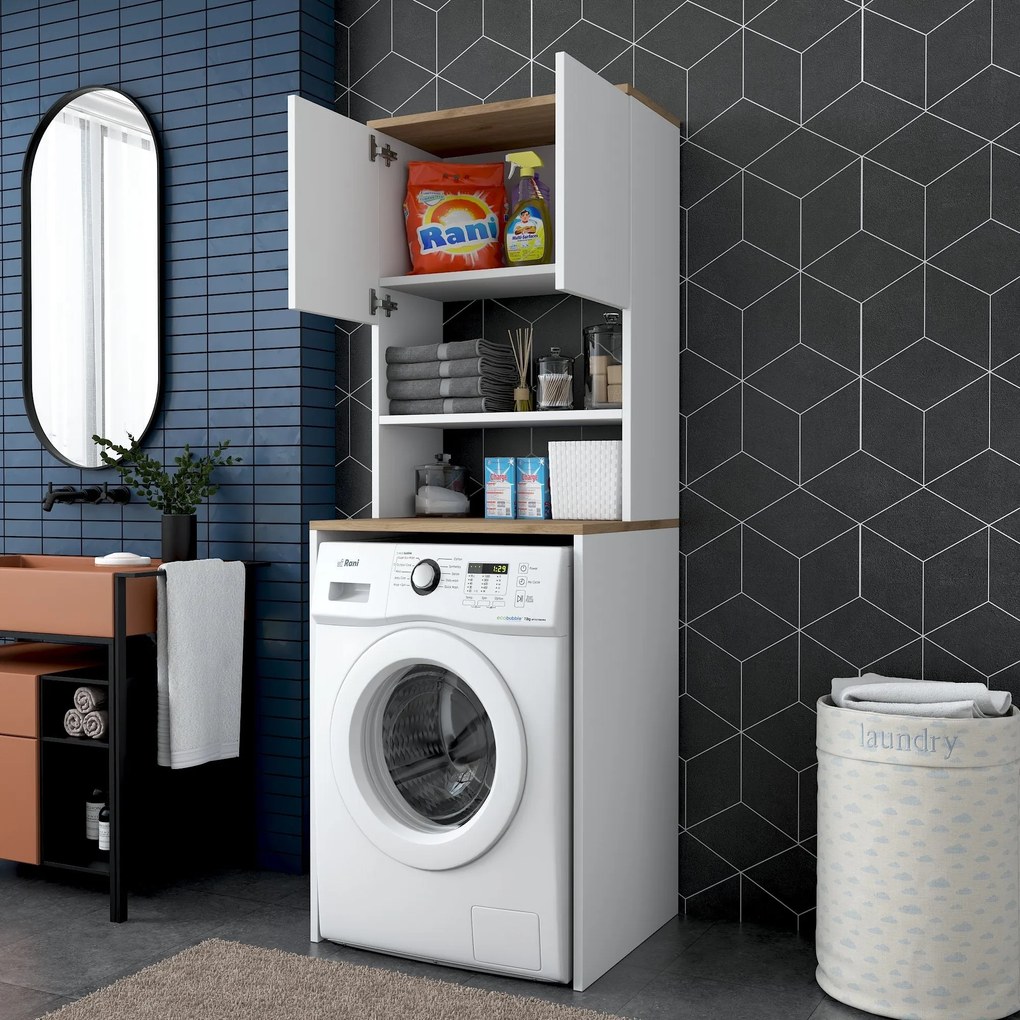 Móvel para Máquina de Lavar KD101 – Branco Nogueira – 65x183,6x60 cm