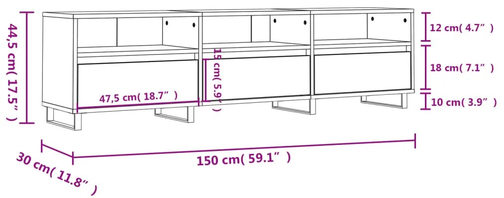 Móvel TV 150x30x44,5 cm derivados de madeira carvalho castanho