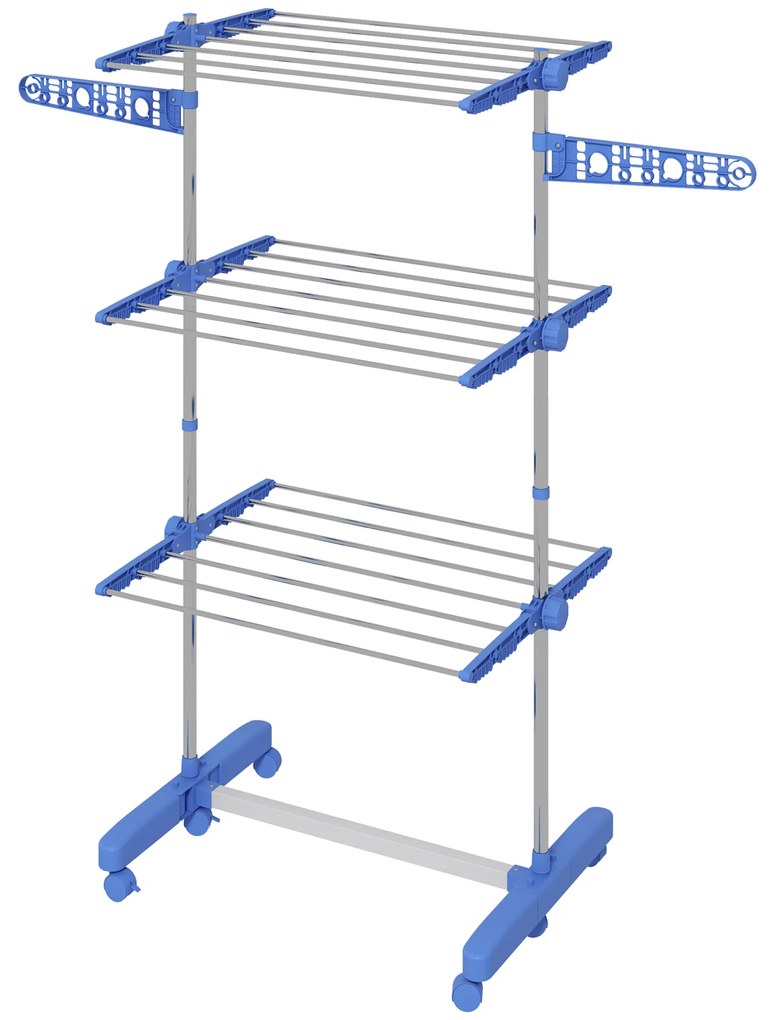 HOMCOM Estendal para Roupa Dobrável 80x55x152cm com 6 Rodas e 3 Prateleiras com Altura Ajustável de Aço Inoxidável Prata e Azul | Aosom Portugal