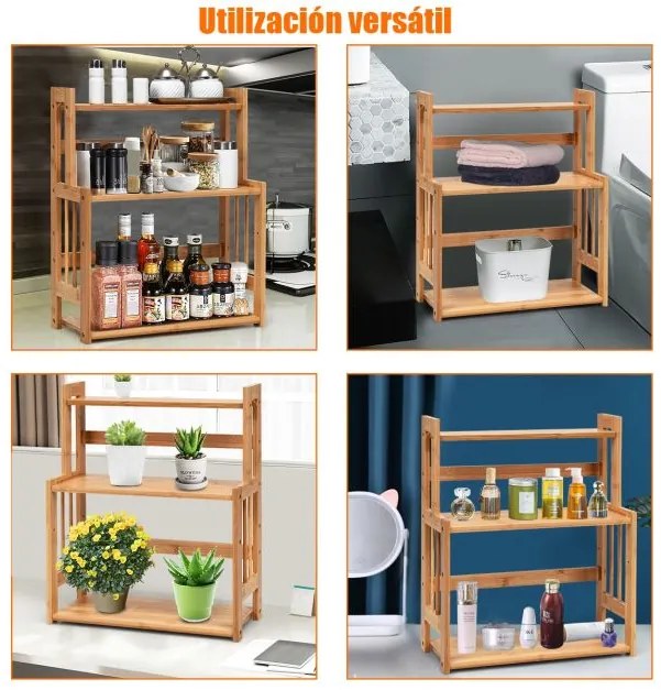 Suporte para especiarias em bambu com 3 níveis de prateleiras abertas e superfície impermeável para cozinha, casa de banho e quarto 41,5 x 18 x 50 cm