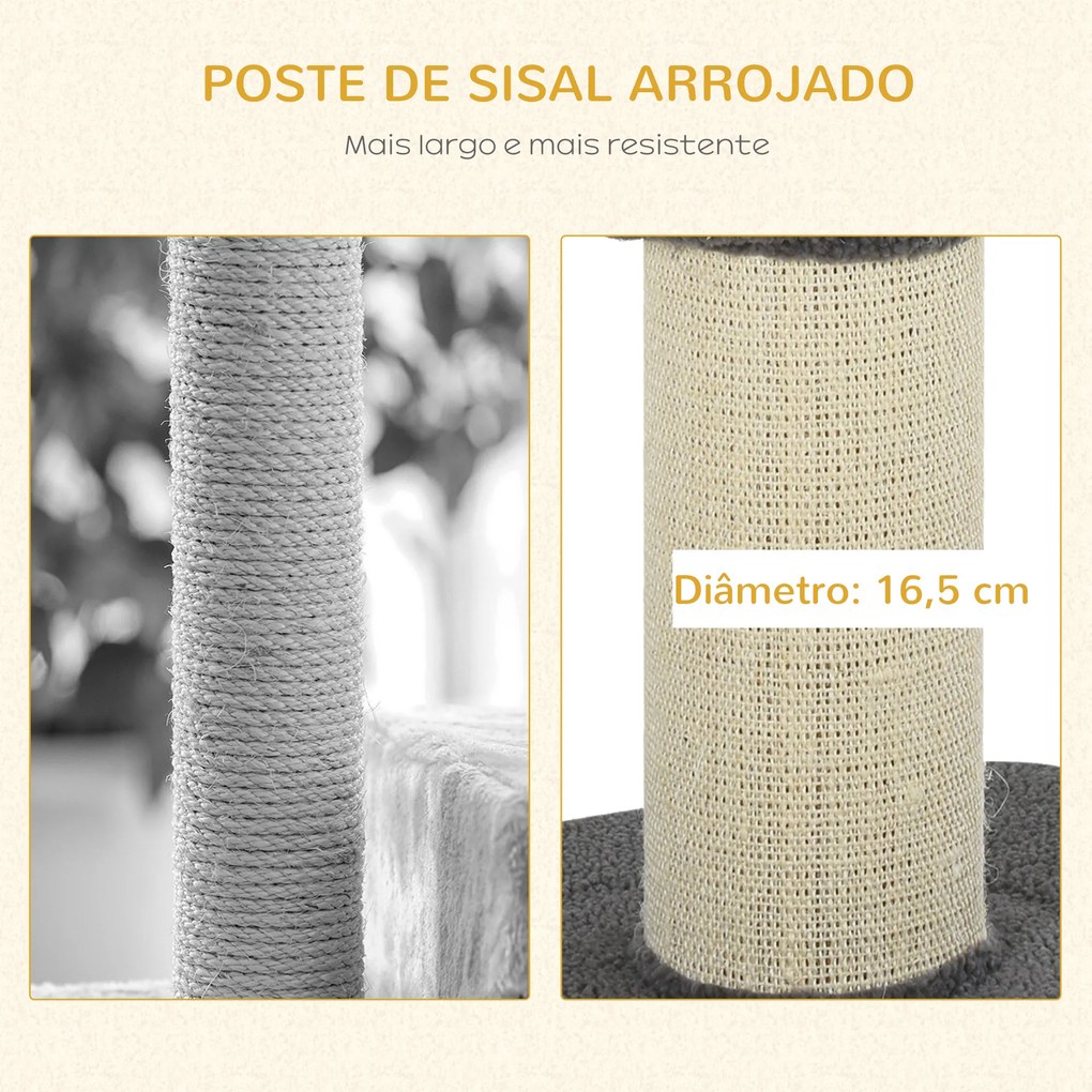 Arranhador para Gatos Altura 91 cm de 3 Níveis com Ninho Plataforma e Poste de Sisal 45x45x91 cm Cinza