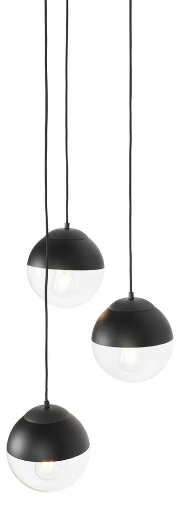 Candeeiro de suspensão retro preto com vidro transparente redondo 3-luzes - Eclipse