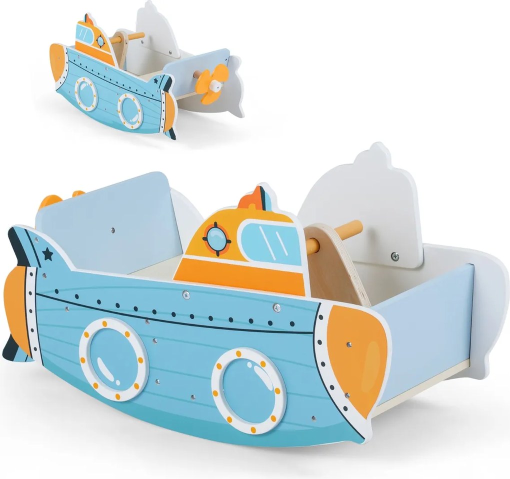 Barco baloiço de madeira de Madeira para crianças com mais de 1 ano 70 x 33,5 x 37 cm, com tema submarino, hélice giratória, Azul+Amarelo