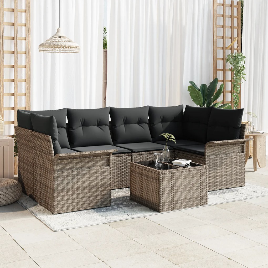 Conjunto de Sofá de Jardim de 7 peças com Almofadas Cinzentas de Vime