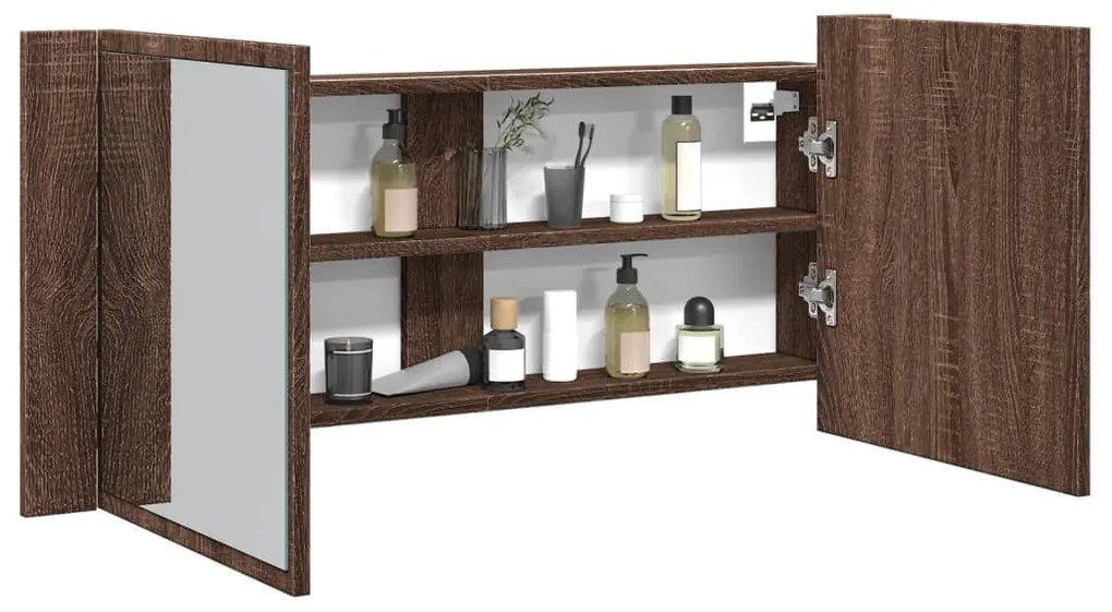 Armário espelhado WC c/ luz LED 100x12x45cm carvalho castanho