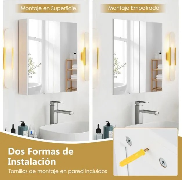 Armário de parede para casa de banho 62 x 65 cm com portas duplas espelhadas e Estante ajustável Branco