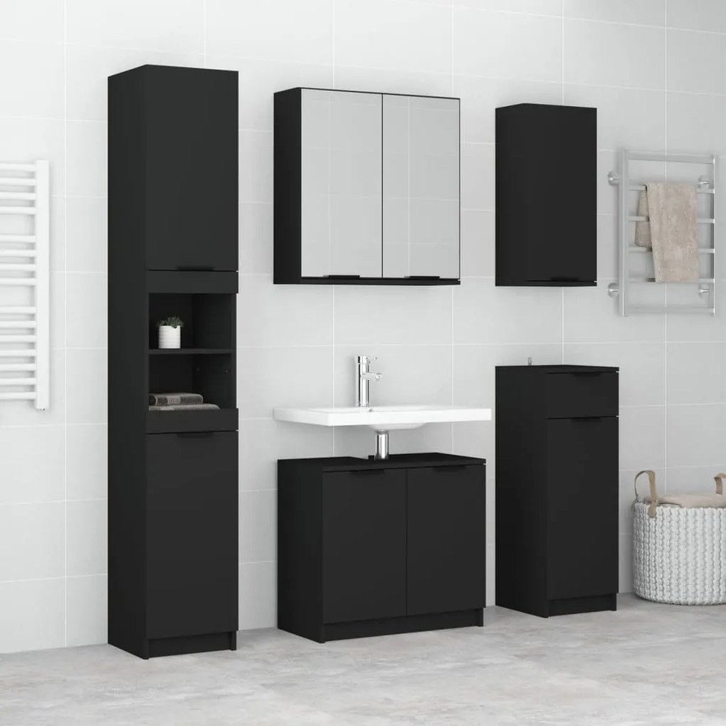 vidaXL 5pcs conj. armários casa de banho madeira processada preto
