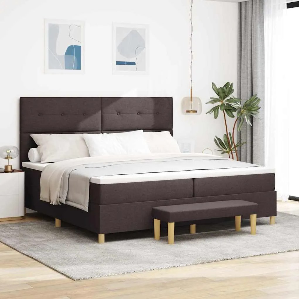 Cama Box Spring com Colchão e Banco Castanho Escuro 200x200 cm Tecido