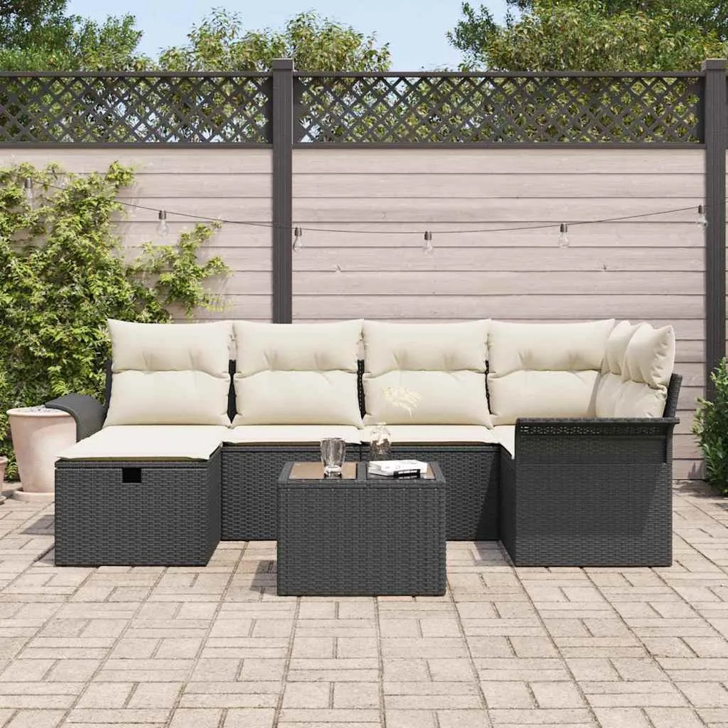 Conjunto de Sofá de Jardim de 7 Peças com Almofadas Preto Rattan Polím