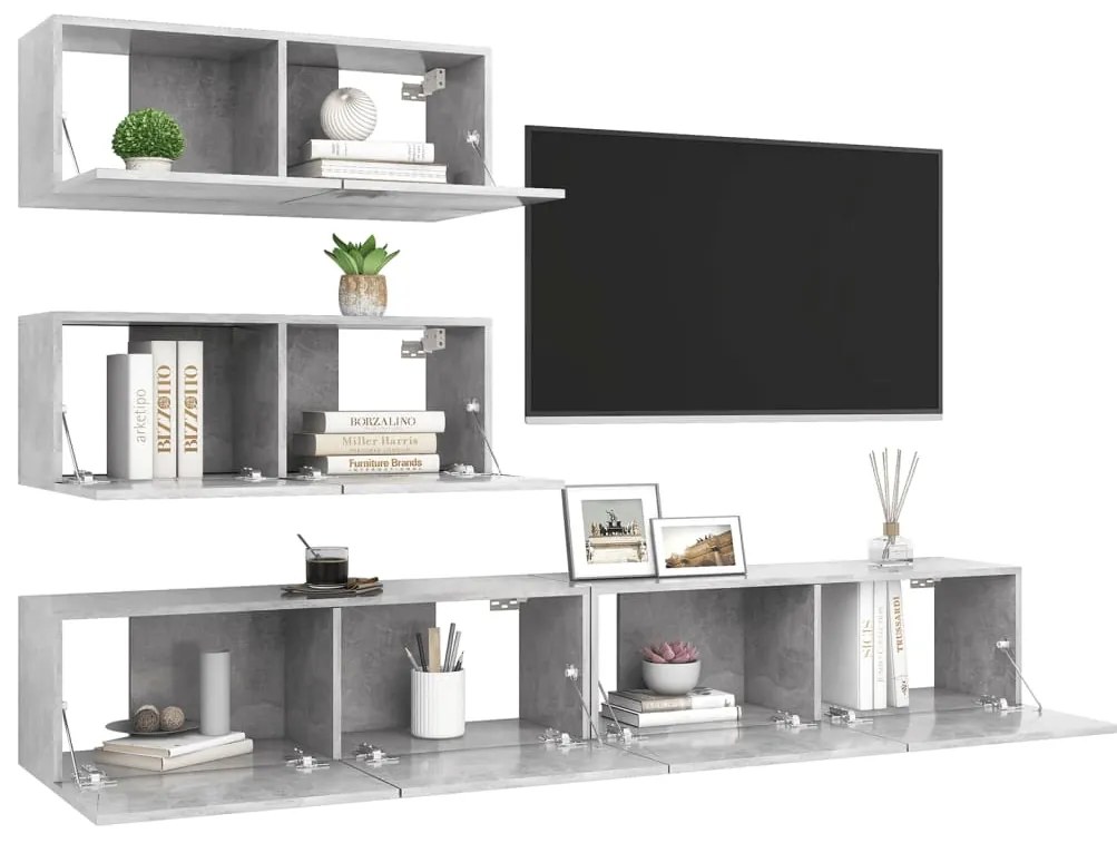 4 pcs conjunto de móveis de TV derivados madeira cinza cimento