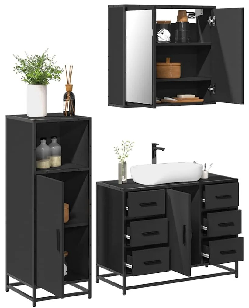 vidaXL 3 pcs conjunto móveis casa de banho derivados de madeira preto