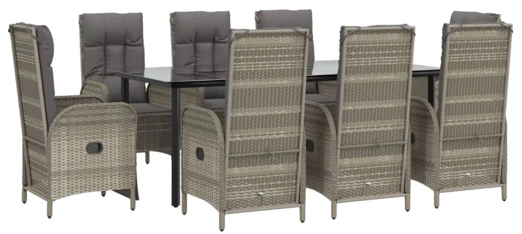 9 pcs conjunto jantar jardim c/ almofadões vime PE preto/cinza