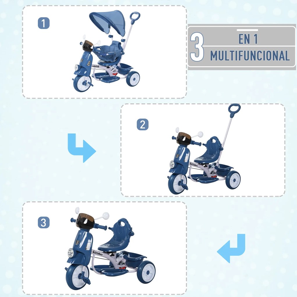 HOMCOM Triciclo evolutivo infantil Carrinho de criança Com função de luz e música Barra de segurança e toldo retrátil Assento giratório 360 ° 93x51x94 cm Azul