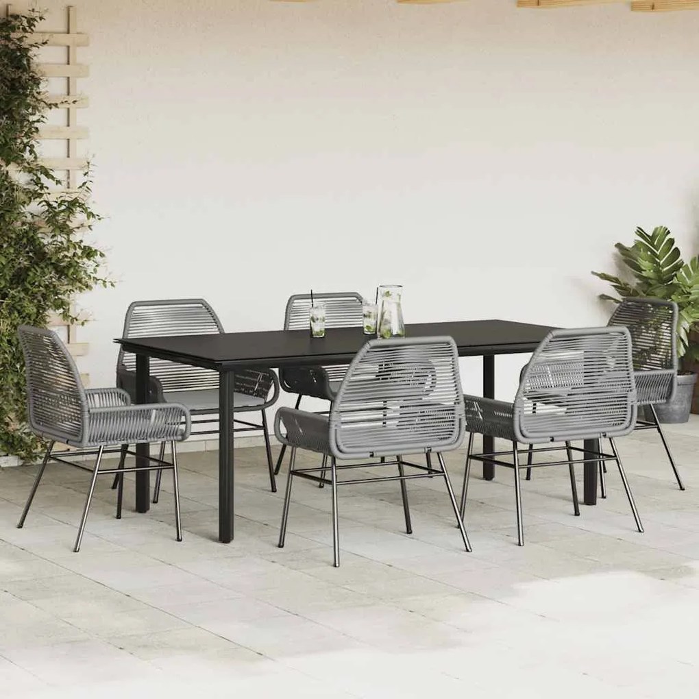 Conjunto jantar jardim 7 peças almofadas vidro vime cinzento PE