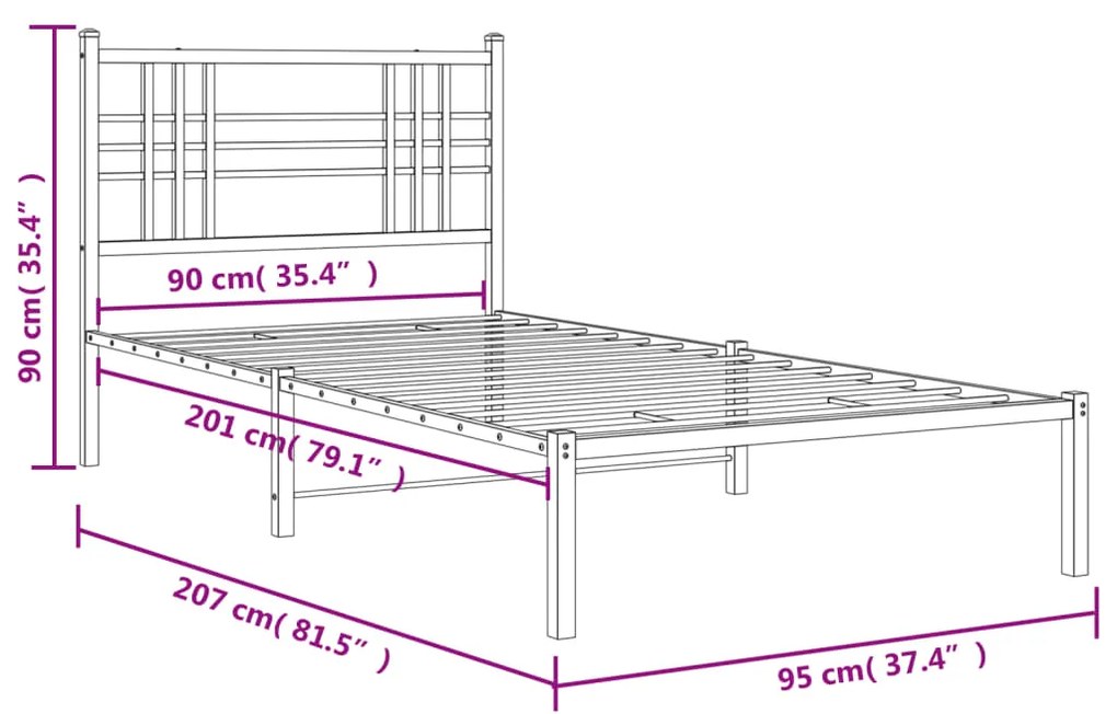 Estrutura de cama com cabeceira 90x200 cm metal preto