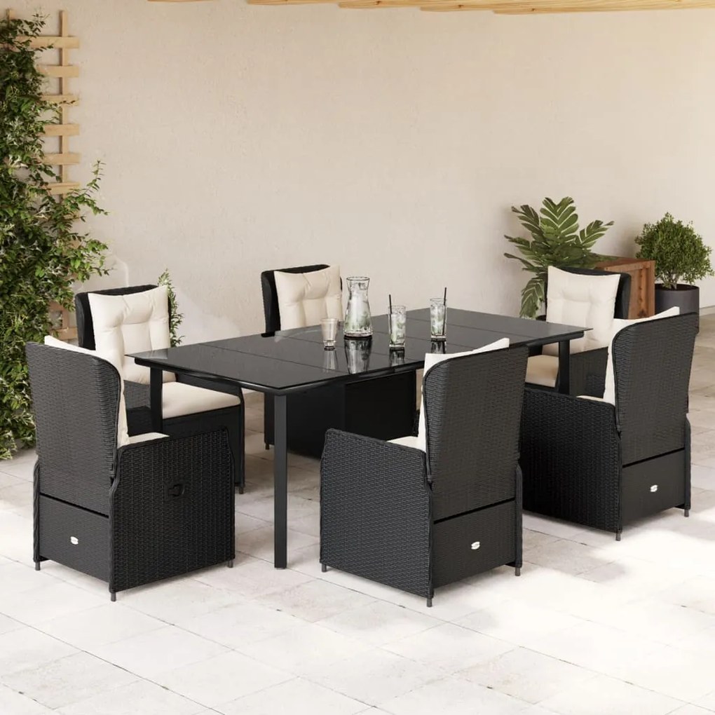 7 pcs conjunto de jantar p/ jardim c/ almofadões vime PE preto