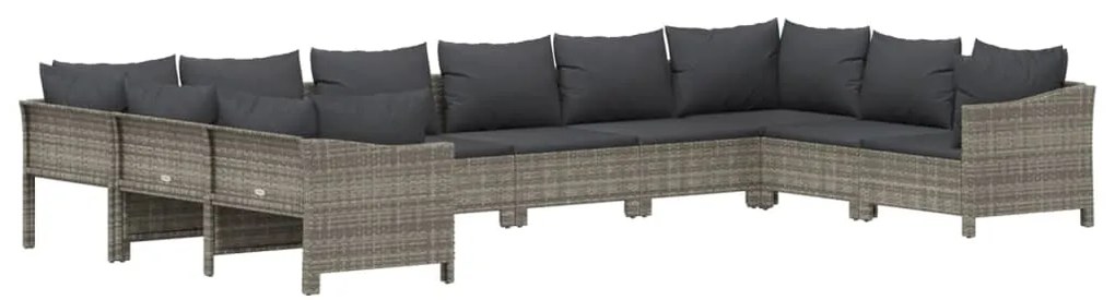 10 pcs conjunto lounge de jardim c/ almofadões vime PE cinzento
