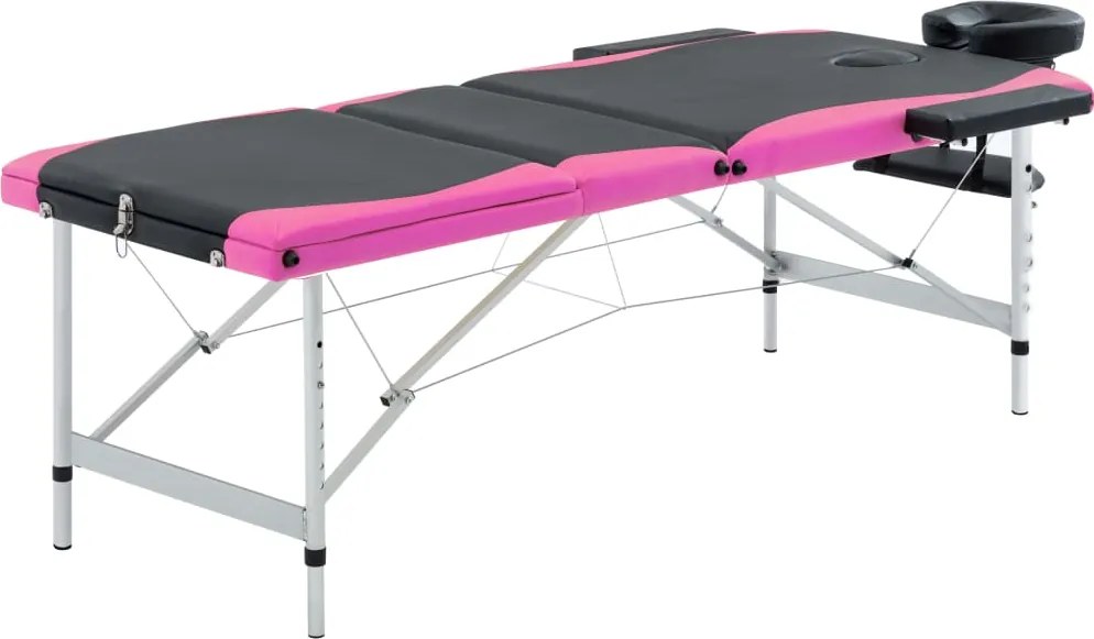 vidaXL Mesa de massagem dobrável 3 zonas alumínio preto e rosa
