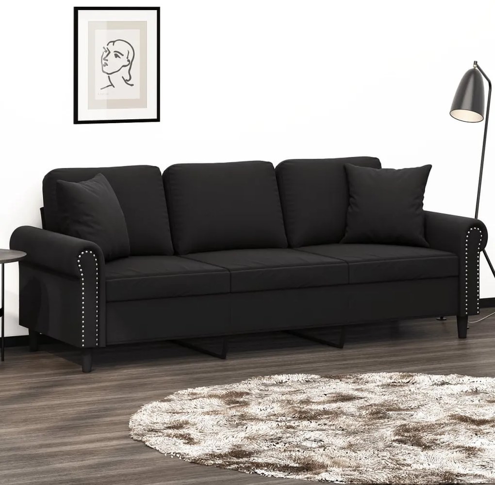 Sofá 3 lugares c/ almofadas decorativas 180 cm veludo preto