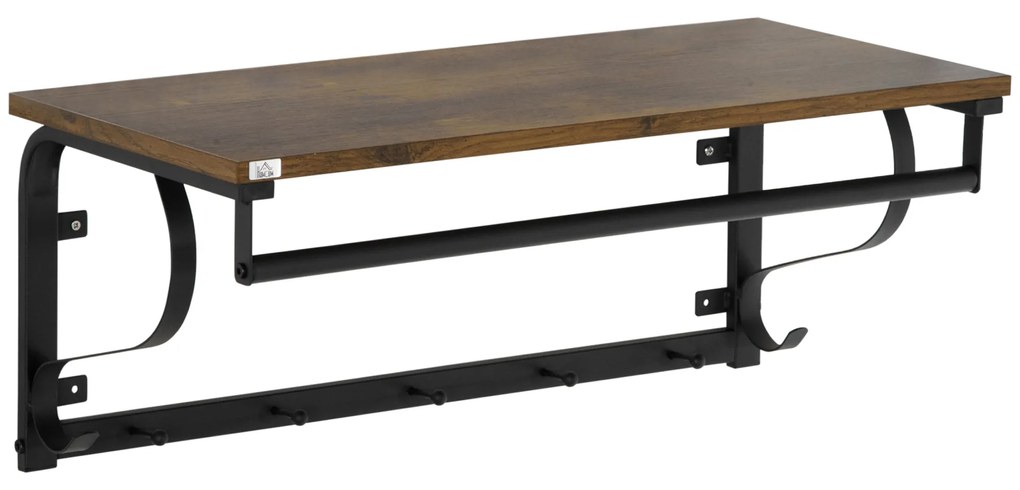 Prateleira de Parede Flutuante com 5 Ganchos e 1 Barra de Aço para Pendurar Roupas Chaves Livros Estilo Moderno 66x30x27cm Madeira e Preto