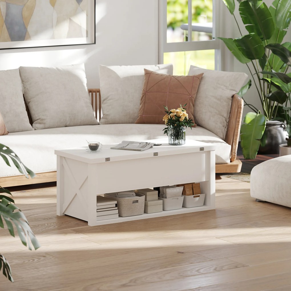 Mesa de Centro Elevatória e Extensível com Compartimentos Ocultos e Prateleira Aberta 100x90x64 cm Branco