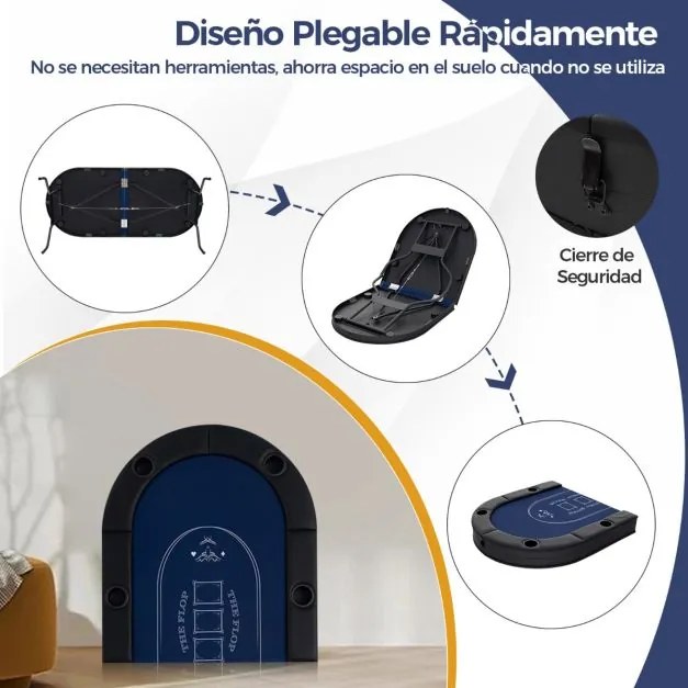 Mesa de póquer dobrável de 182 cm para 8 jogadores oval portátil para jogos com porta-copos e grades acolchoadas para casa Azul