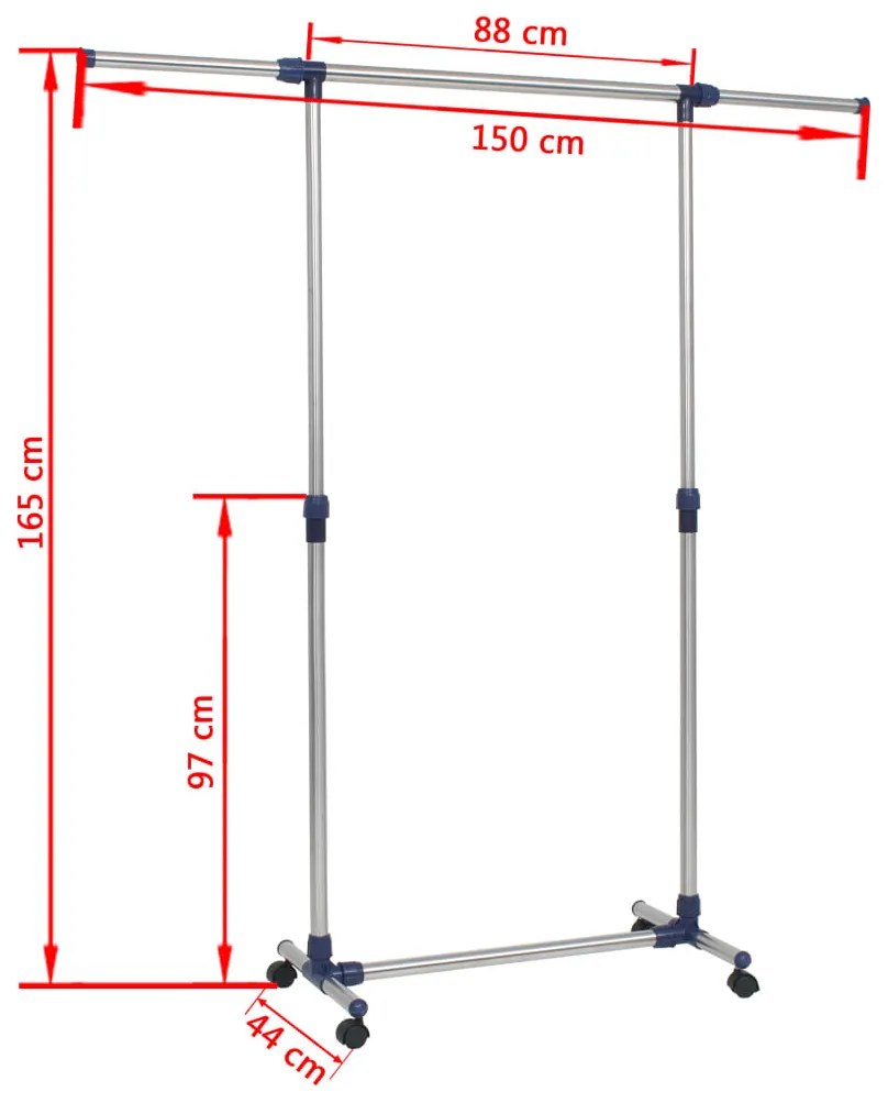 Suporte roupas ajustável aço inoxidável 165x44x150 cm prateado