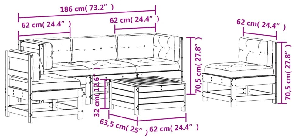 6 pcs conj. lounge jardim c/ almofadões madeira douglas maciça