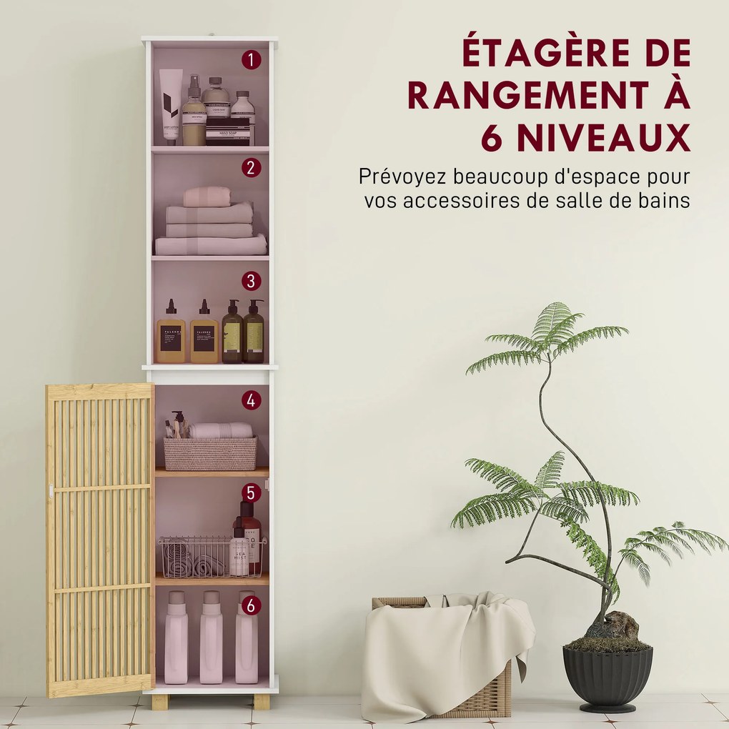 Armário de casa de banho, móvel de arrumação para casa de banho com porta de ripas de bambu e compartimentos abertos 35 x 26 x 173 cm branco