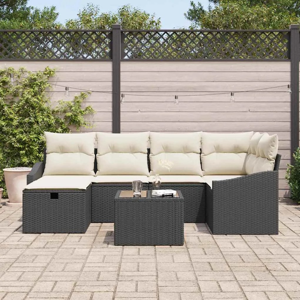 Conjunto de Sofá de Jardim de 7 Peças com Almofadas Preto Rattan Poli