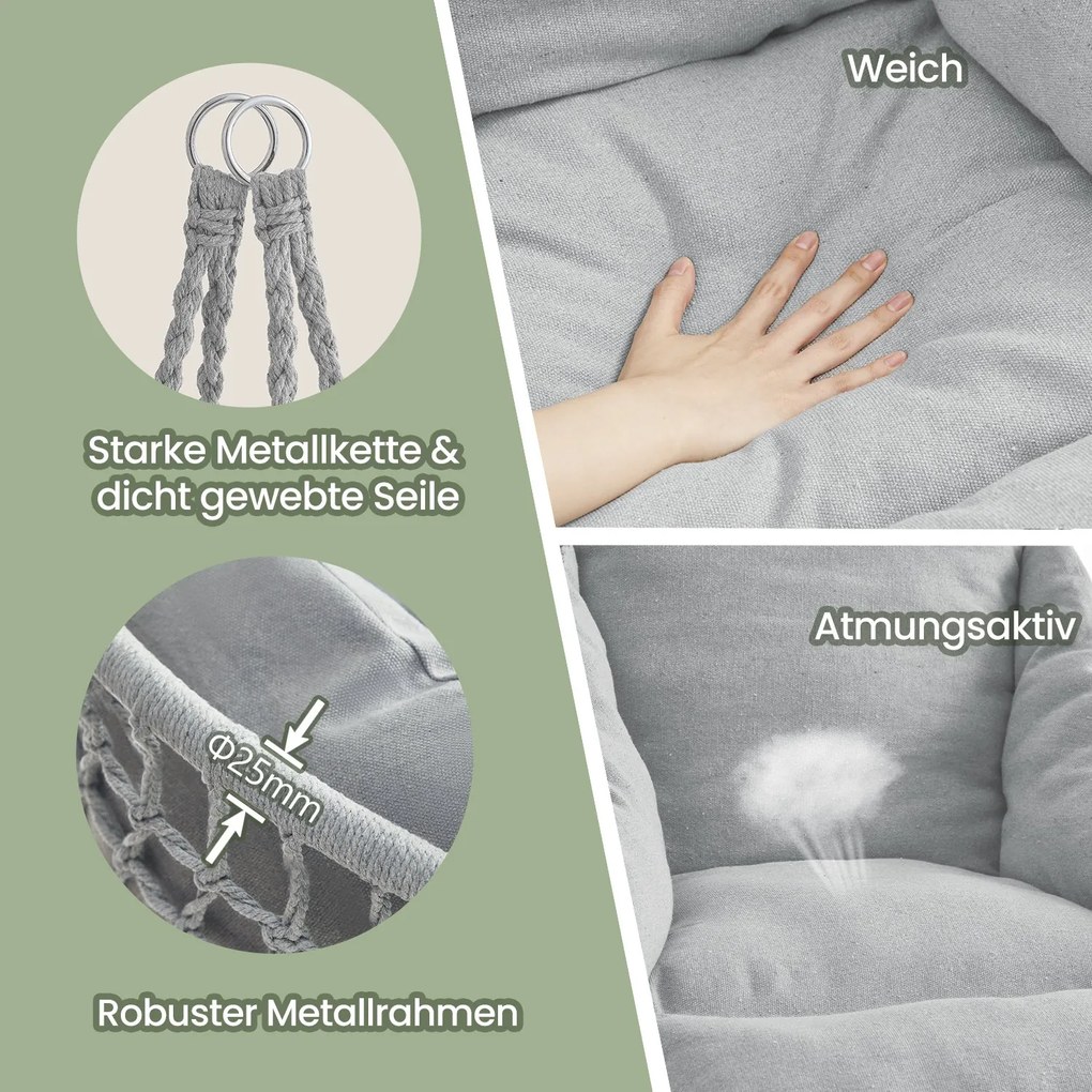 Cadeira suspensa descanso jardim, com capacidade de carga até 120 kg, baloiço suspenso Cinzento