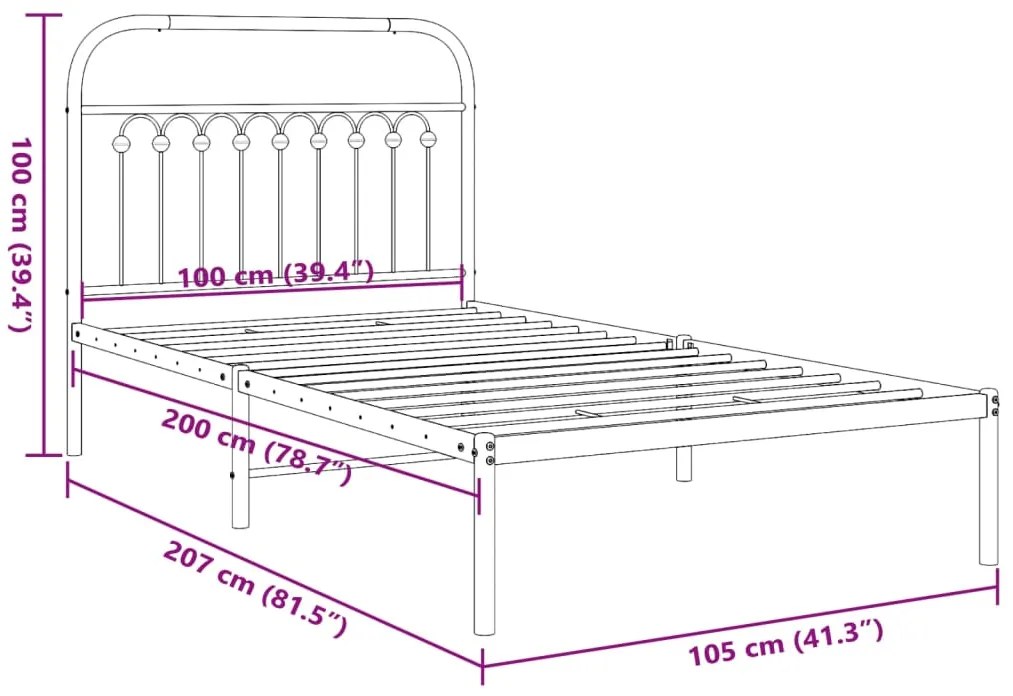 Estrutura de cama com cabeceira 100x200 cm metal preto