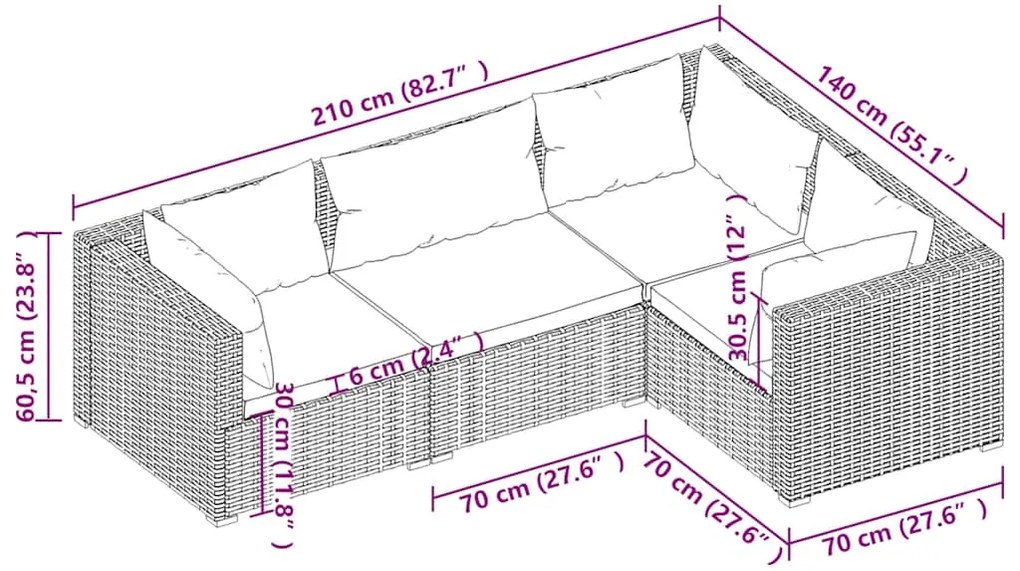 4 pcs conjunto lounge de jardim c/ almofadões vime PE preto