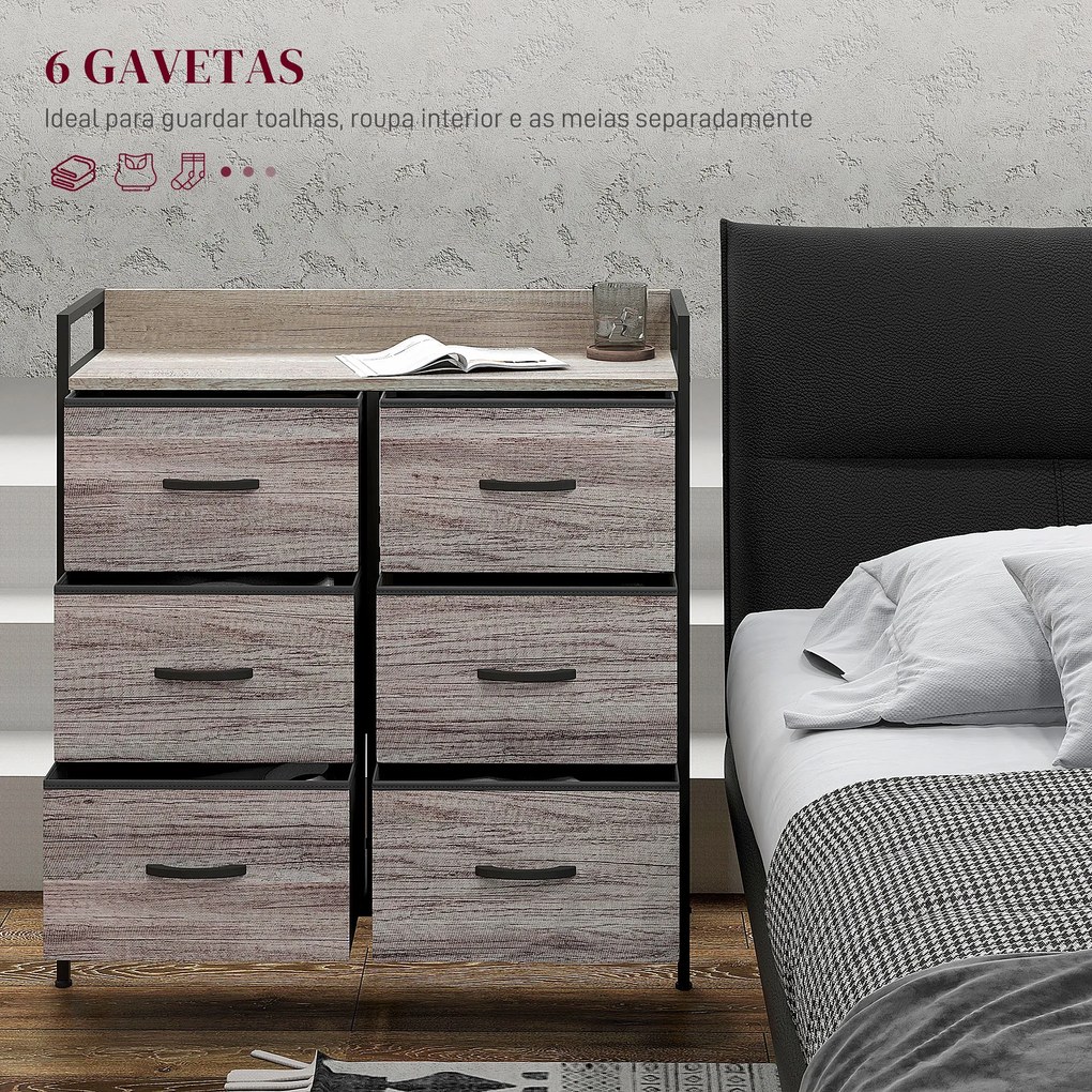 Cómoda com 6 Gavetas Dobráveis de Tecido Estrutura de Aço e Estilo Industrial 79x29x85 cm Cinzento