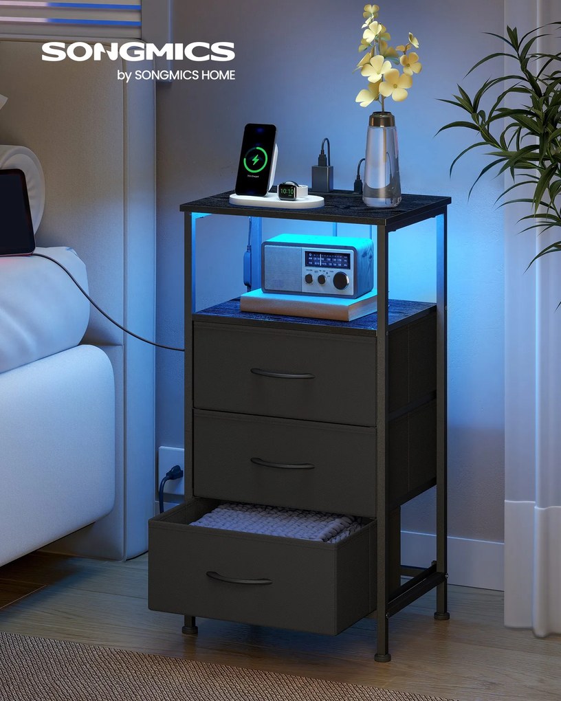 Mesa de cabeceira com tomada LED, 39,6 x 30 x 75,9 cm, 3 gavetas tecido Preta
