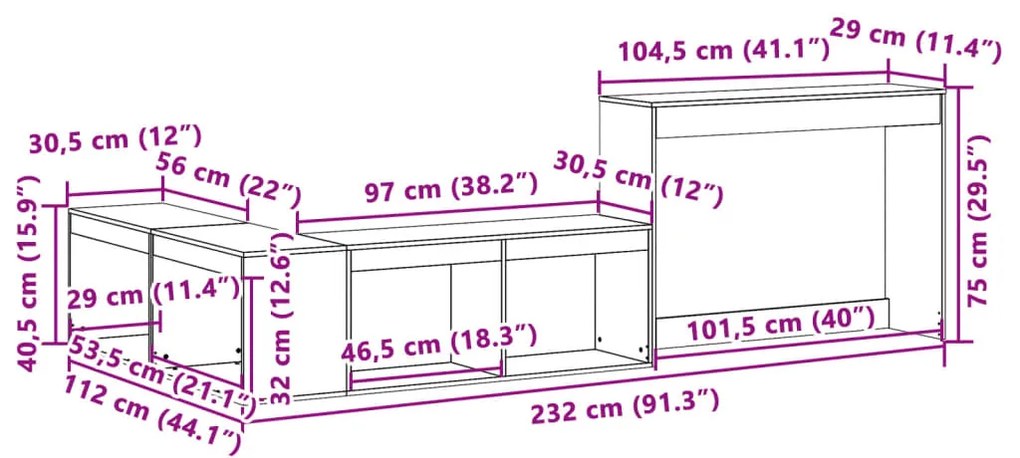 Mesa de cabeceira c/ secretária 232x112x75cm pinho castanho-mel