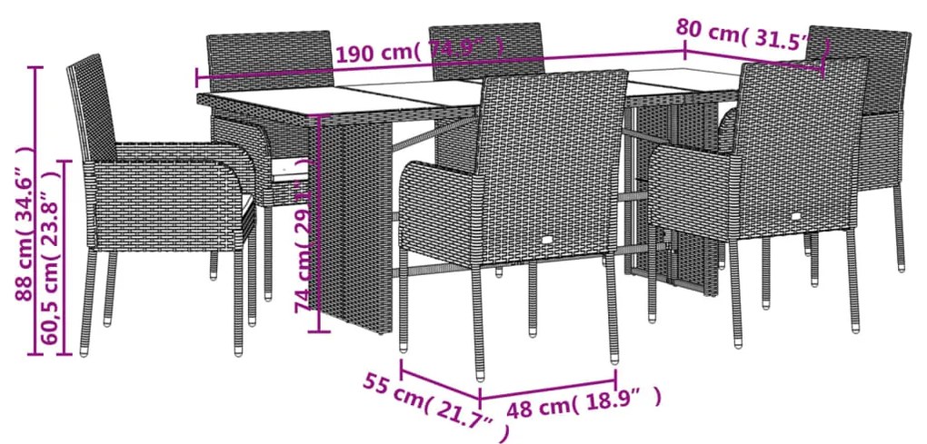 7 pcs conjunto de jantar p/ jardim c/ almofadões vime PE preto