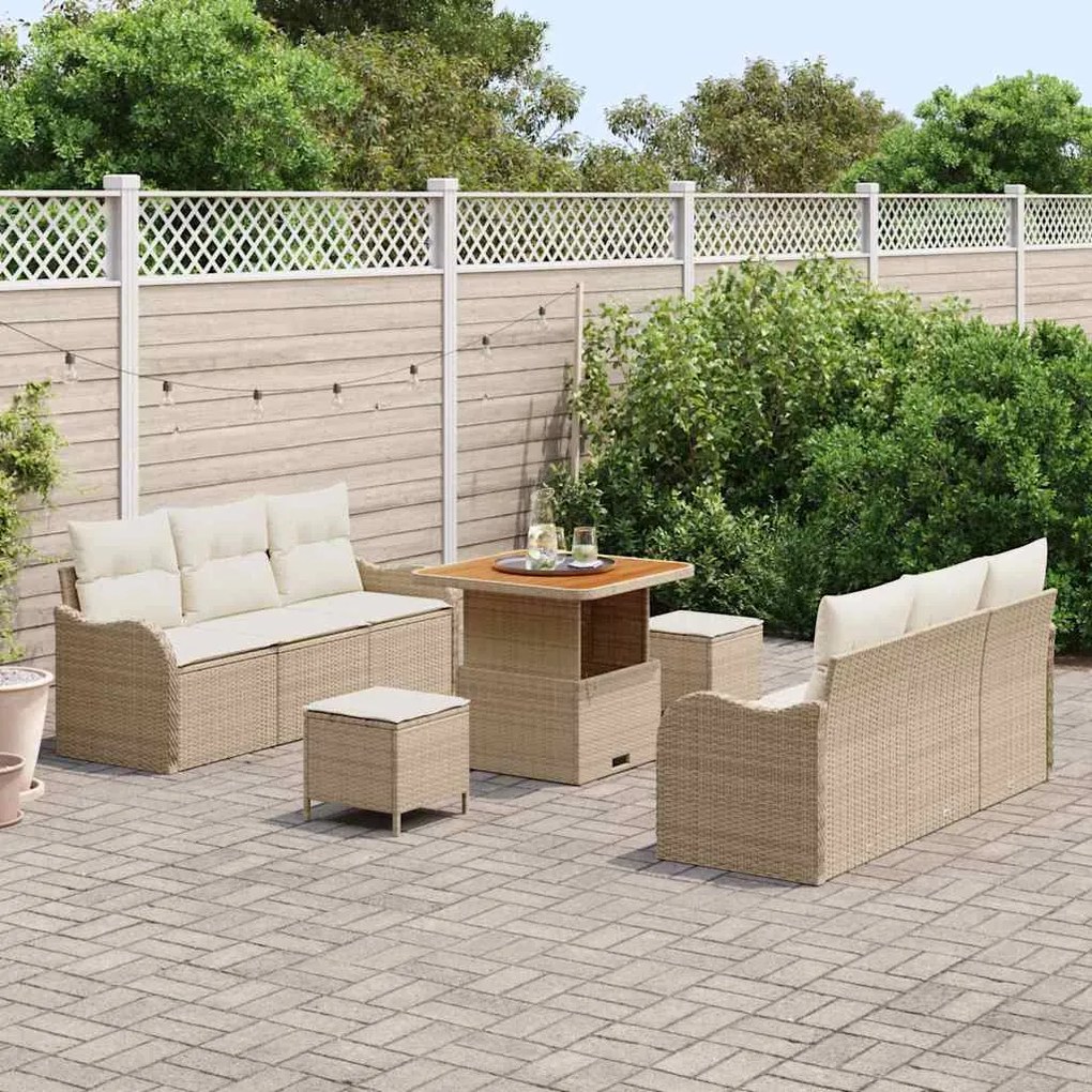 Conjunto de Sofá de Jardim com 9 Peças e Almofadas Bege em Rattan Sint