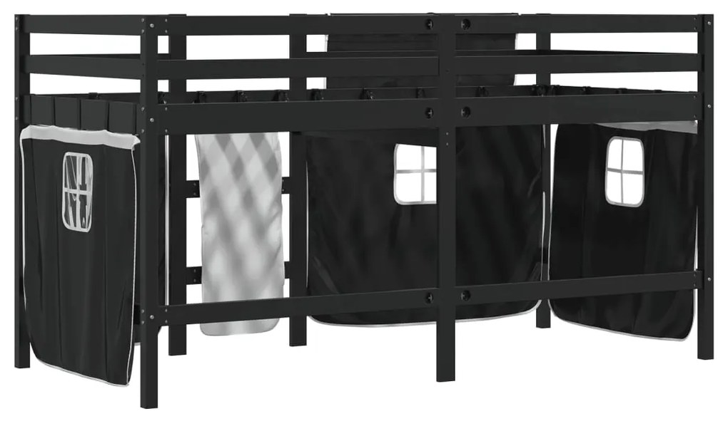 Cama alta criança c/ cortina 90x200cm pinho maciço branco/preto