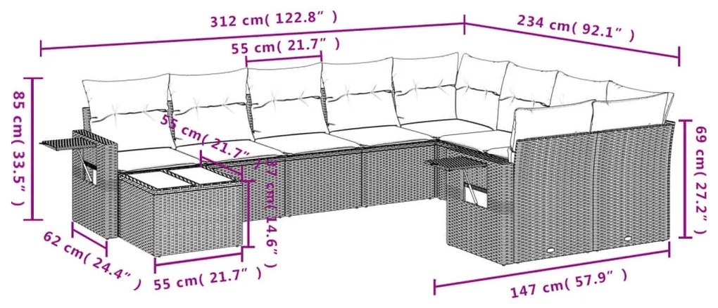 10 pcs conjunto sofás de jardim c/ almofadões vime PE cinzento