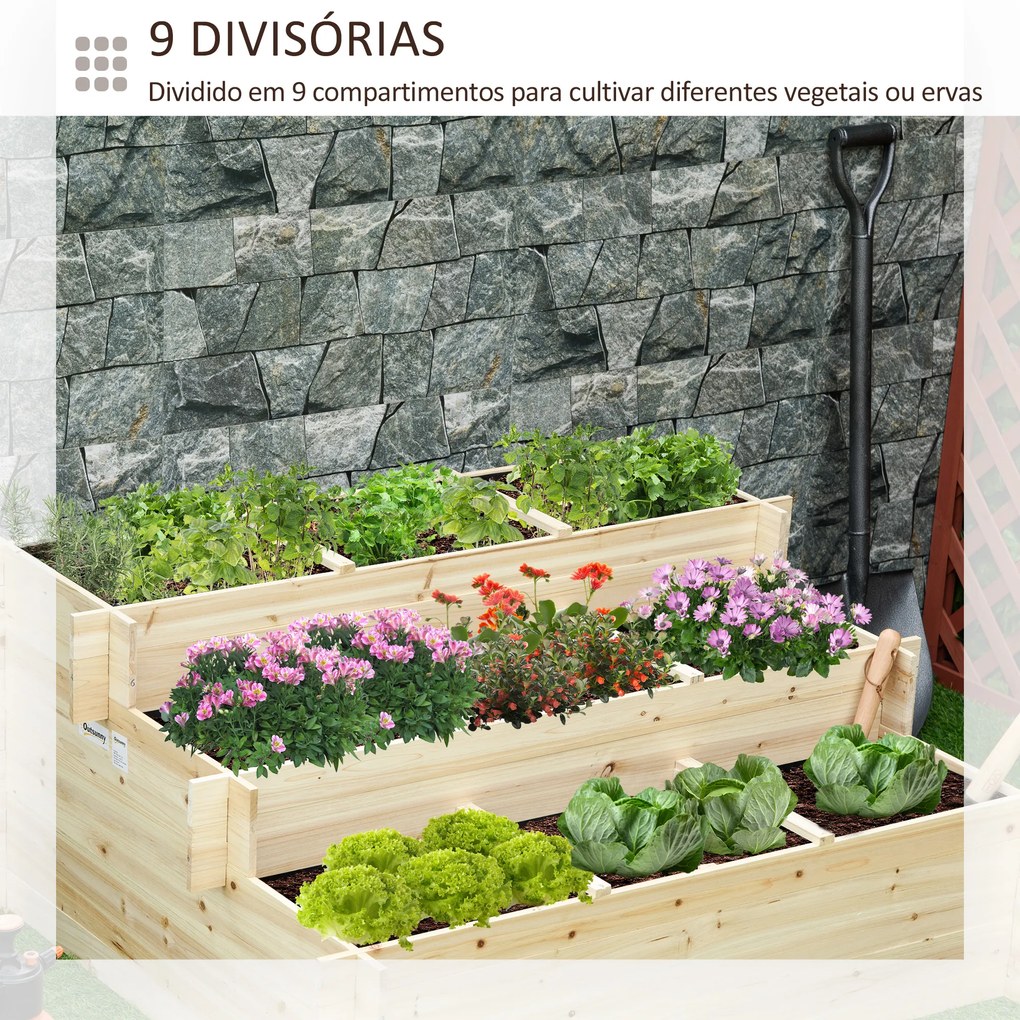 Outsunny Caixa de Plantio de Madeira de 3 Níveis Horta Vertical em Escada com Malha Geotextil para Cultivos de Plantas Flores para Jardim Terraço Exterior 117x100x54cm Natural