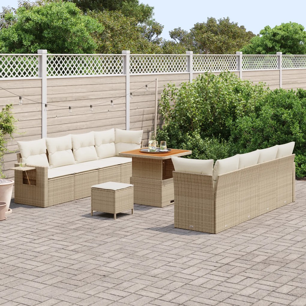 Conjunto de Sofá de Jardim de 11 Peças com Almofadas Bege Rattan Acáci