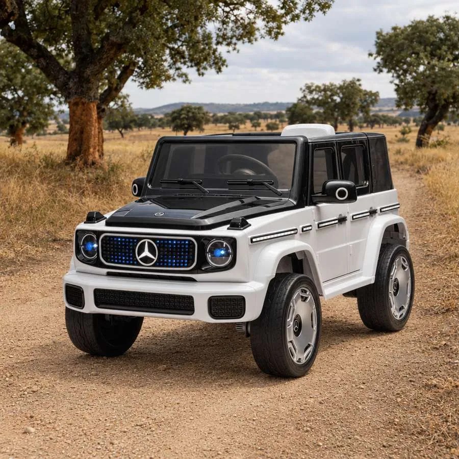 Carro elétrico para crianças Mercedes-Benz EQG 12V, partes da carroçaria iluminadas com LED, controlo remoto de 2,4 GHz, entrada USB/AUX, bateria de l