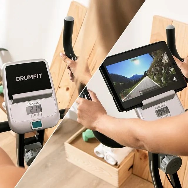 Bicicleta estática ergométrica dobrável DrumFit X-Bike Neo Pro com encosto. Ecrã LCD. Resistência magnética variável. Selim confortável com encosto e