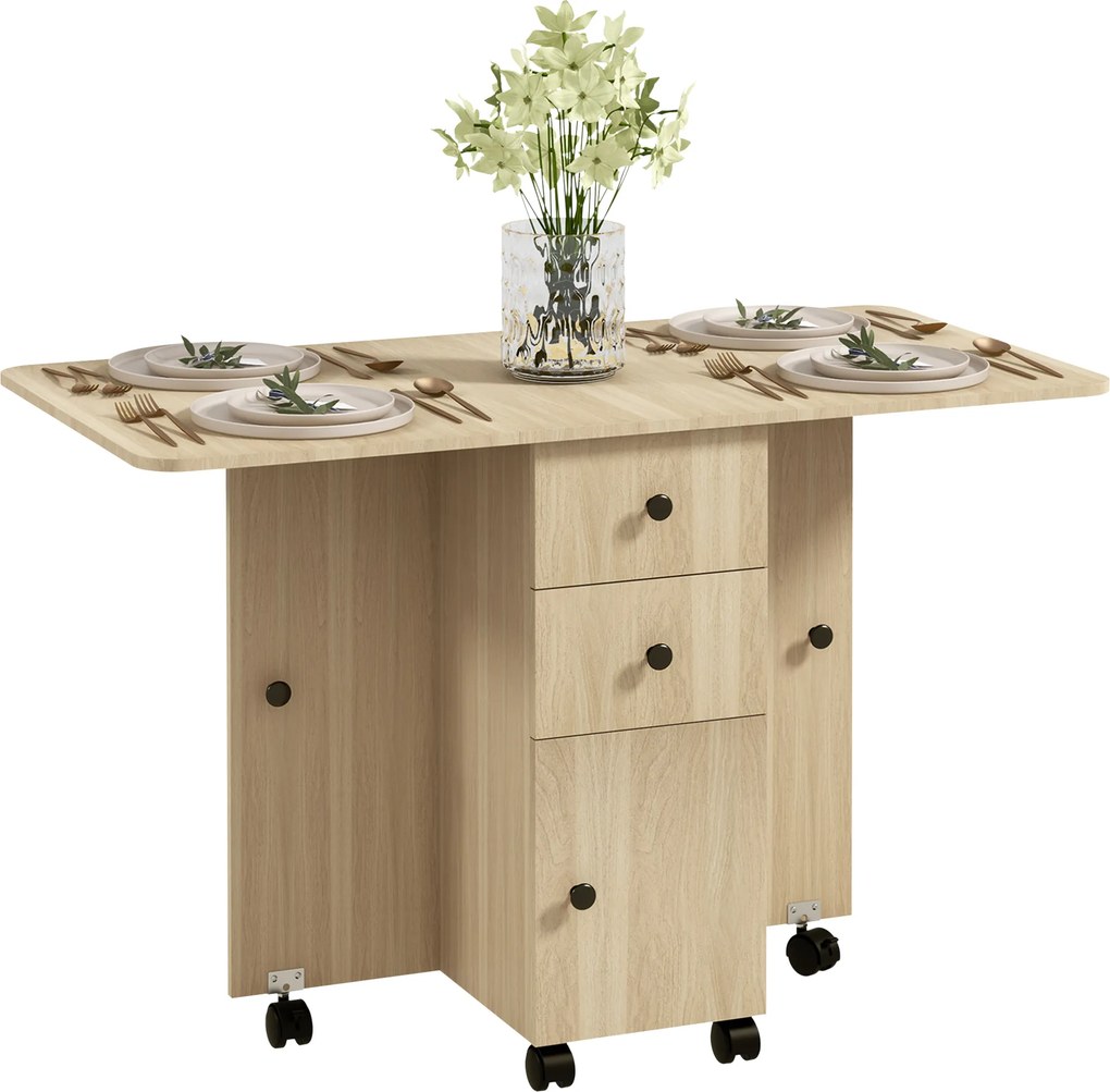 Mesa de Jantar Dobrável com Rodas (CADEIRAS NÃO INCLUIDAS) Mesa Abatível com 2 Gavetas e Armário Mesa Auxiliar Multifuncional 120x60x76,5 cm Madeira