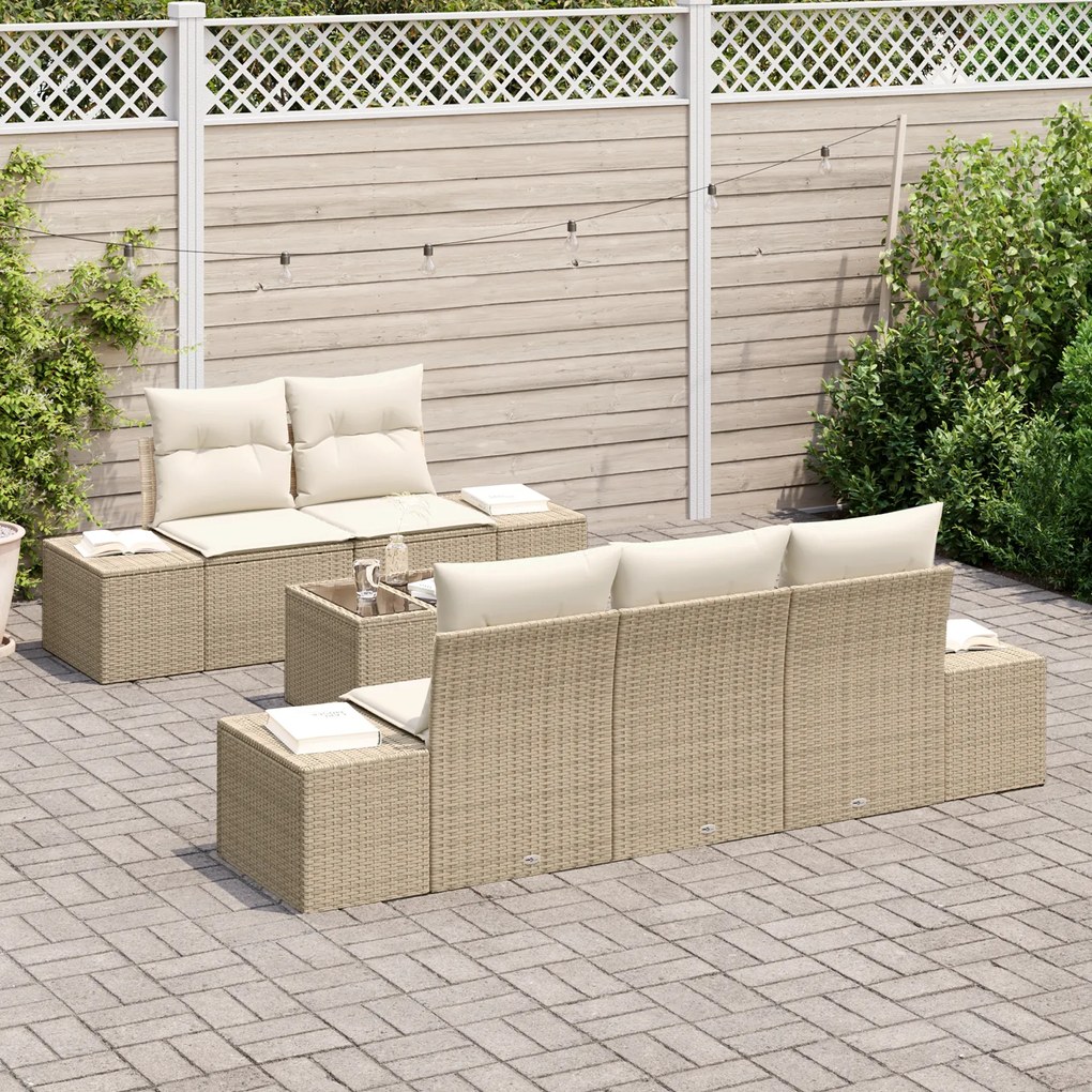 Conjunto de Sofás de Jardim de 6 Peças com Almofadas Bege Polyrattan