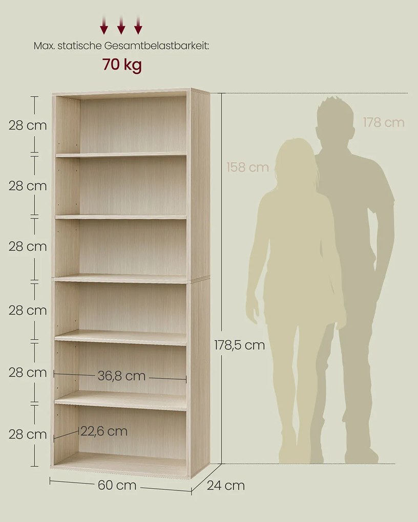 Estante de 6 prateleiras 24 x 60 x 178,5 cm bege natural
